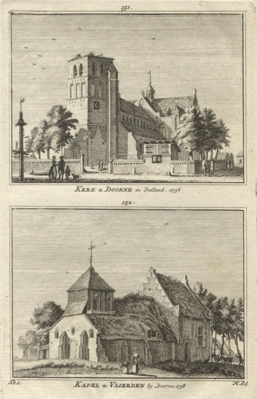 view Kerk te Doorne in Poelland; Kapel te Vlierden by Doorne. 1738 by H. Spilman naar J. de Beijer