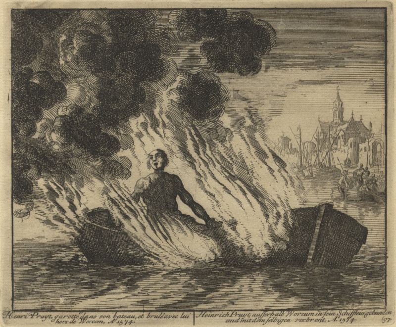 Henri Pruyt, garotte dans son bateau, et brulé avec lui hors de Worcom AD 1574 by Jan Luyken