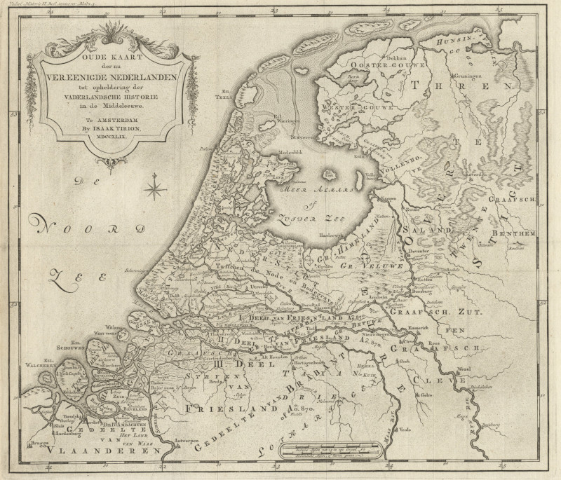Oude kaart der nu Vereenigde Nederlanden tot opheldering der Vaderlandsche historie in de Middeleeuw by Isaak Tirion