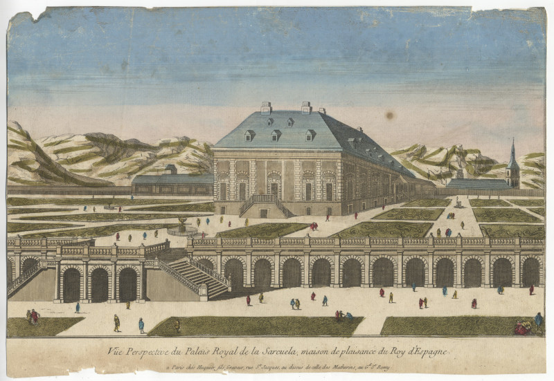 Vue perspective du Palais royal de la Sarcuela, maison de plaisance du Roy d´Espagne by J.G. Huquier