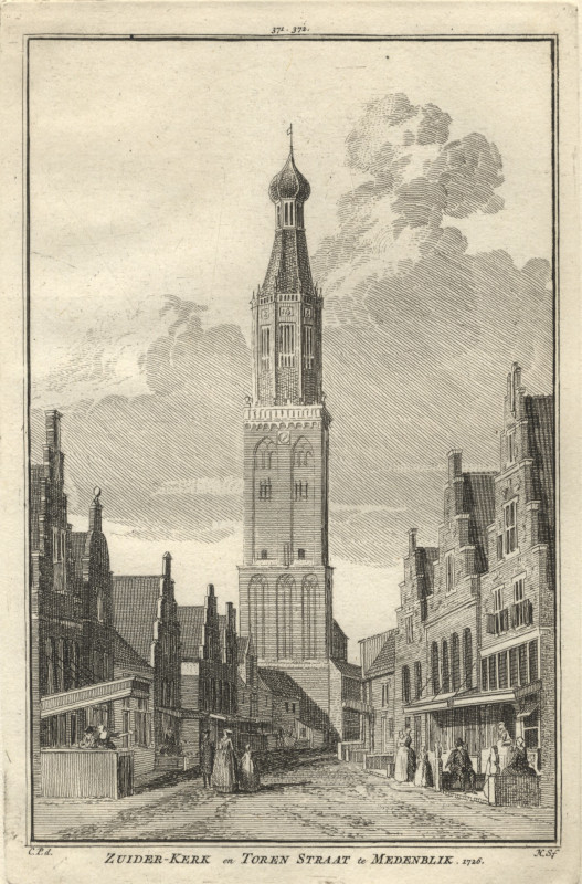 view Zuider-Kerk en Toren Straat te Medemblik. 1726 by C. Pronk, H. Spilman