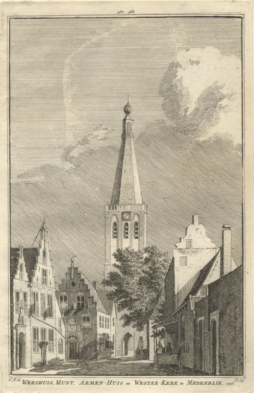 view Weeshuis, Munt, Armen-Huis en Wester-Kerk te Medemblik; 1726 by C. Pronk, H. Spilman