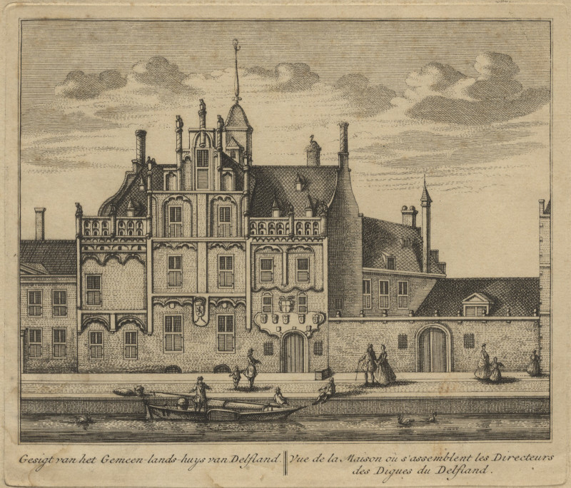 Gesigt van het Gemeen-lands-huys van Delfland; Vue de la maison ou s´assemblent les Directeurs by L. Schenk naar A. Rademaker