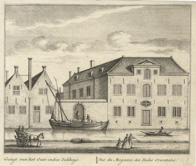 Gesigt van het Oost-indies Pakhuys; Vue du Magasin des Indes Orientales by L. Schenk naar A. Rademaker