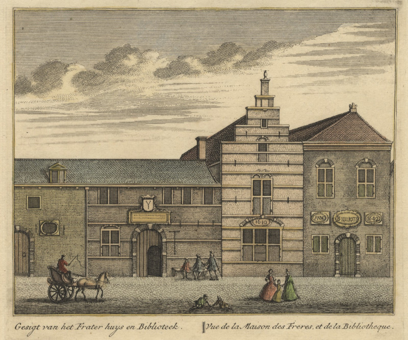 Gesigt van het Frater huys en Biblioteek; Vue de la Maison des Freres, et de la Bibliotheque by L. Schenk naar A. Rademaker