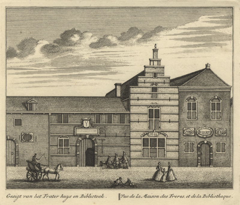 Gesigt van het Frater huys en Biblioteek; Vue de la Maison des Freres, et de la Bibliotheque by L. Schenk naar A. Rademaker