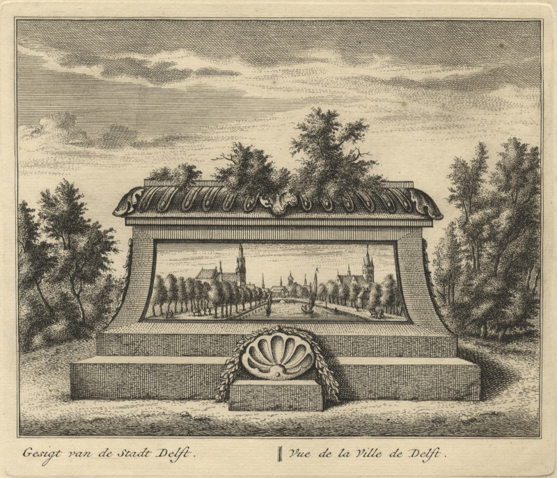 Gesigt van de Stadt Delft; Vue de la Ville de Delft by L. Schenk naar A. Rademaker