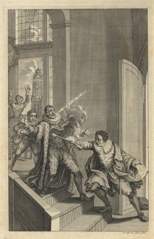 print Moord op Willem van Oranje by A. van der Laan, naar Jan Luyken, naar Romeyn de Hooghe