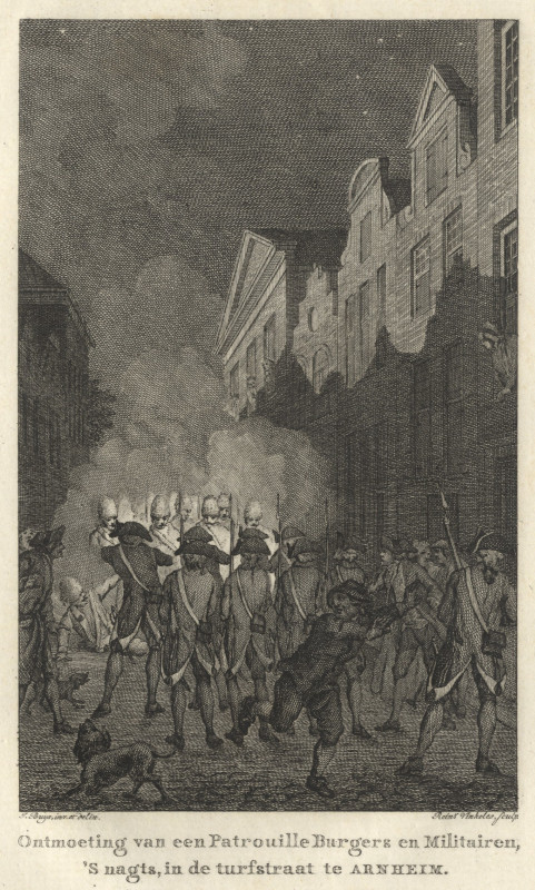 view Ontmoeting van een Patrouille Burgers en Militairen, ´s nagts, in de Turfstraat te Arnheim by R. Vinkeles naar J. Buys