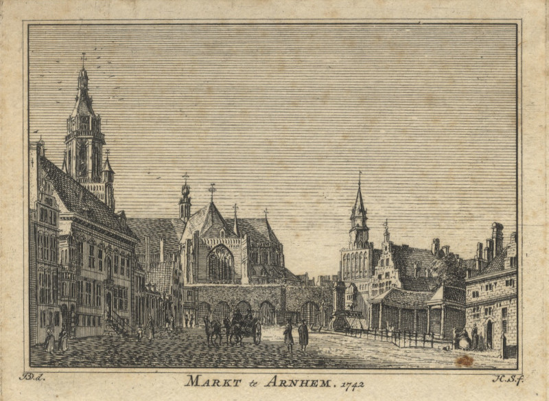 Markt te Arnhem; 1742 by H. Spilman naar J. de Beijer