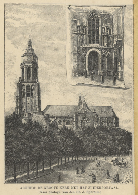 view Arnhem: De Groote Kerk met het Zuiderportaal by N. v.d. Waals