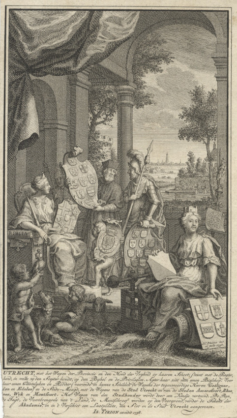 view Utrecht, met het Wapen der Provincie en den Hoed der Vrijheid op haaren schoot... by J.C. Philips