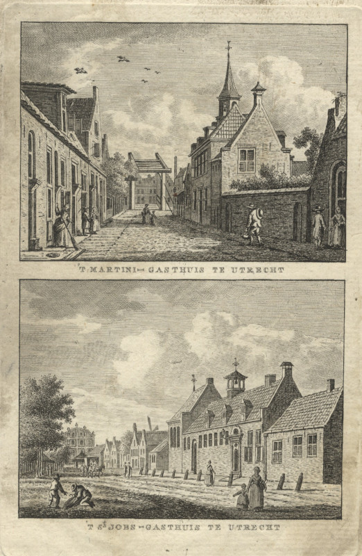 view &acute;t Martini-Gasthuis te Utrecht; &acute;t Sint Jobs-Gasthuis te Utrecht by K.F. Bendorp naar J. Bulthuis