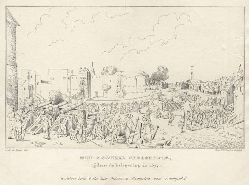 Het Kasteel Vredenburg, tijdens de belegering in 1577 by J.H. de Haas, T.P. Roest, naar Cornelis Droochsloot