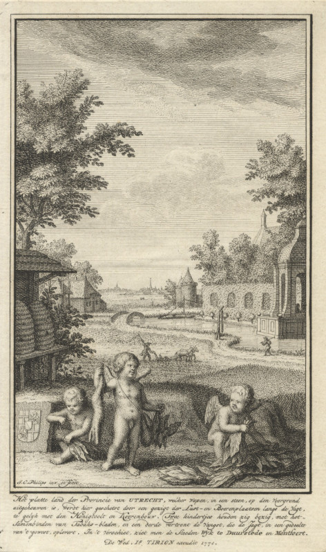 view Het platte land der Provincie van Utrecht, welker wapen, in een steen, op den voorgrond uitgehouwen  by J.C. Philips