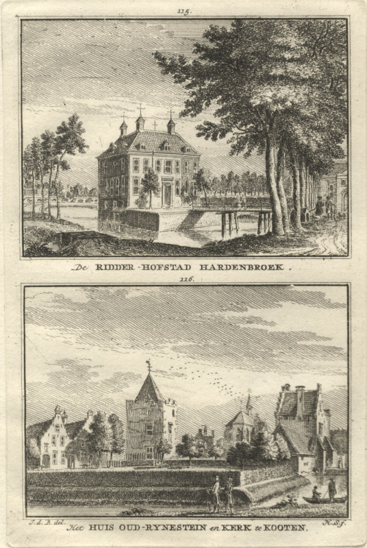 view De Ridder-Hofstad Hardenbroek; Het huis Oud-Rynestein en Kerk te Kooten by H. Spilman, naar J. de Beijer