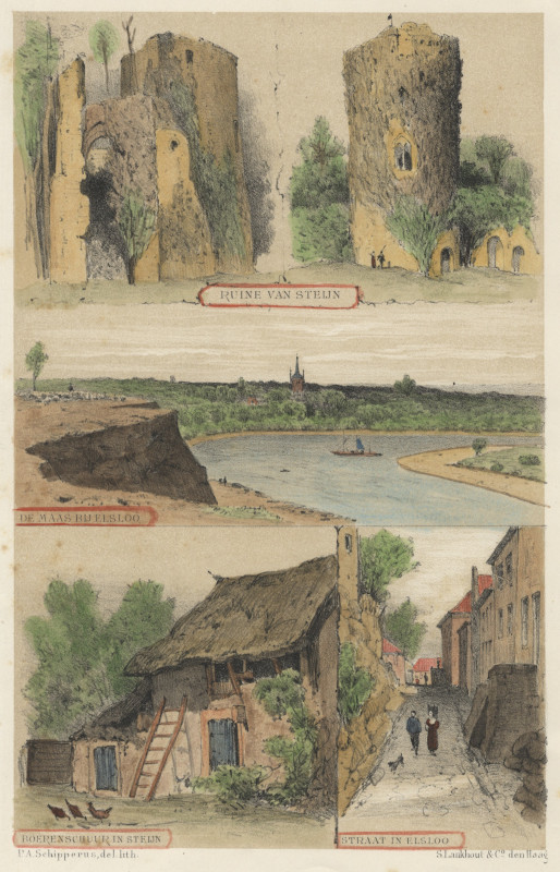 view Ruine van Steijn, De Maas bij Elsloo, Boerenschuur in Steijn, Straat in Elslo by P.A. Schipperus