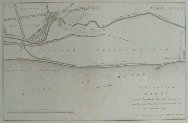 map Kaart van den doorgebroken dijk onder Loenen, in het Ambt van Overbetuwe by nn