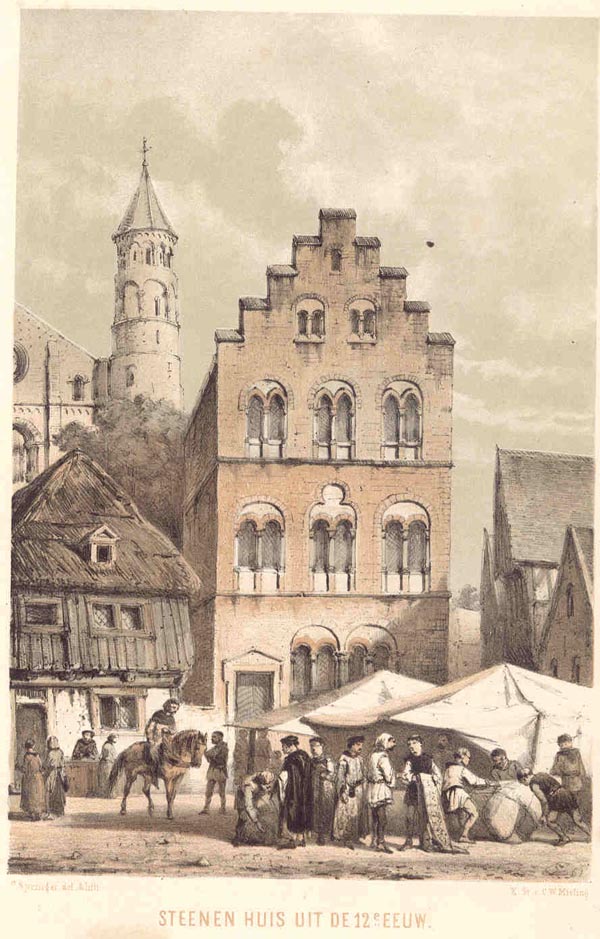 print Steenen huis uit de 12e eeuw. by C. Springer