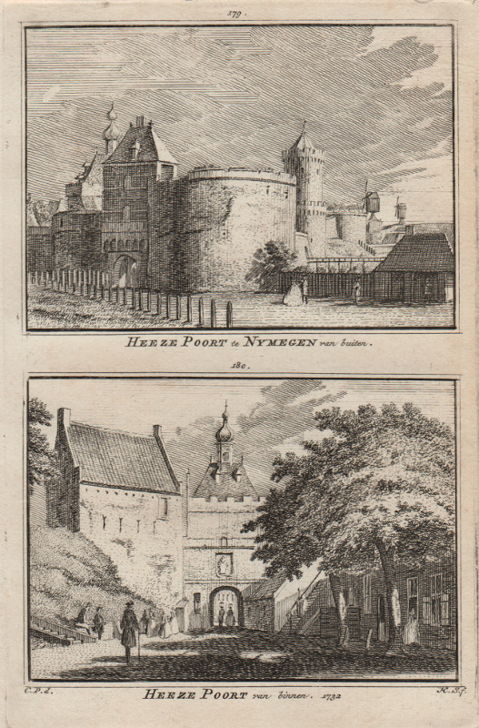 view Heeze poort te Nymegen van buiten en Heeze poort van binnen 1732 by H. Spilman, C. Pronk