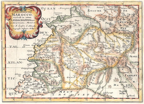 map t Koninkrijk van Marocco verdeelt in zeven Landschappen enz. getrokke uit Sanutus, Marmol enz. by N. Sanson d Abbeville