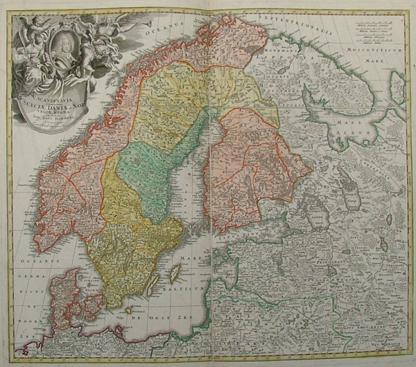 map Scandinavia complectens Sueciae, Daniae , Norvegia Regna by Johann Baptiste Homann