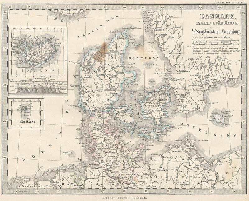 Kaart  Danmark, Island & Fär-Öarne. by Stieler