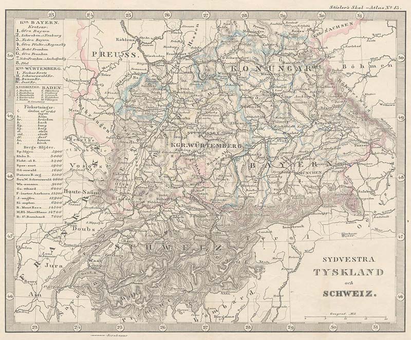 Kaart  Sydvestra Tyskland och Schweiz. by Stieler