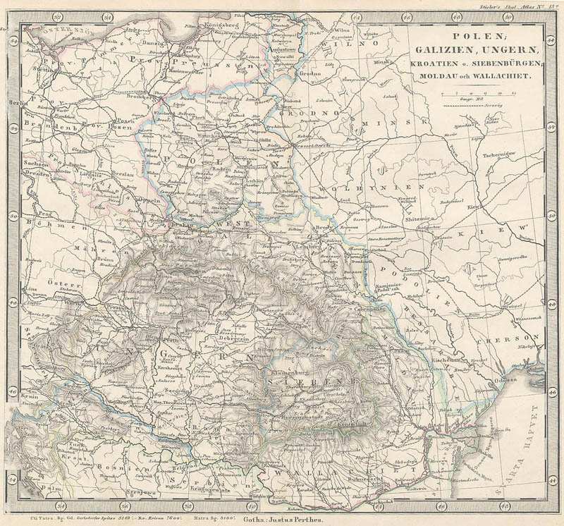 Kaart   Polen, Galizien, Ungern, Kroatien, Siebenbürgen, Moldau och Wallachiet. by Stieler