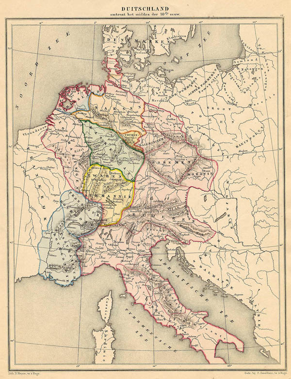 map Duitsland omtrent het midden der 10de eeuw by De Erven Thierry en Mensing