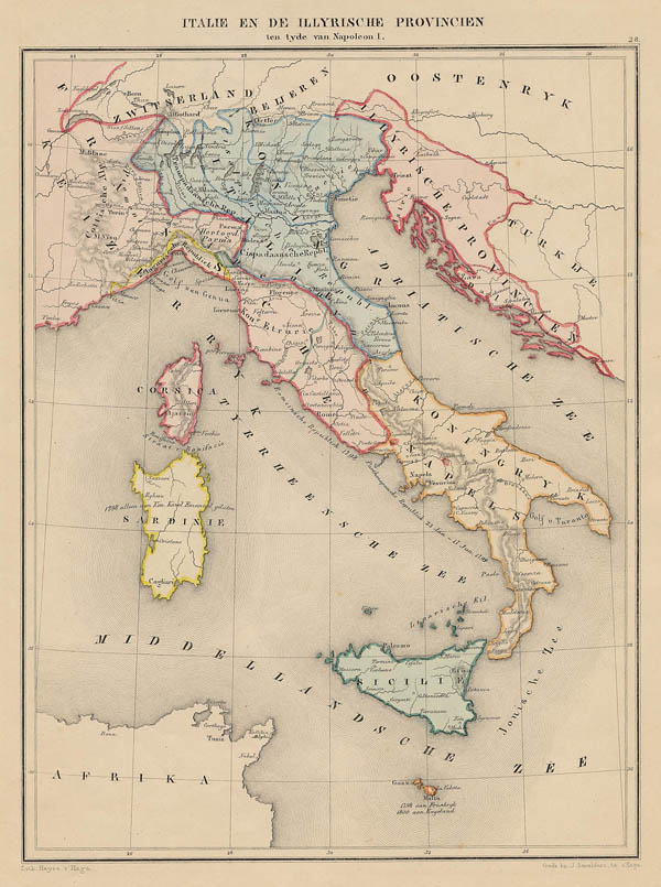 map Italië en de Illyrische Provinciën ten tijde van Napoleon I by De Erven Thierry en Mensing