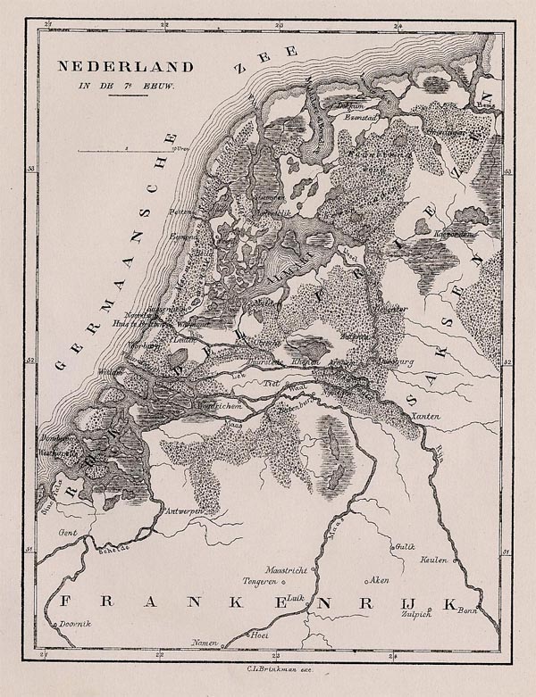map Nederland in de 7e Eeuw by C.L. Brinkman, Amsterdam