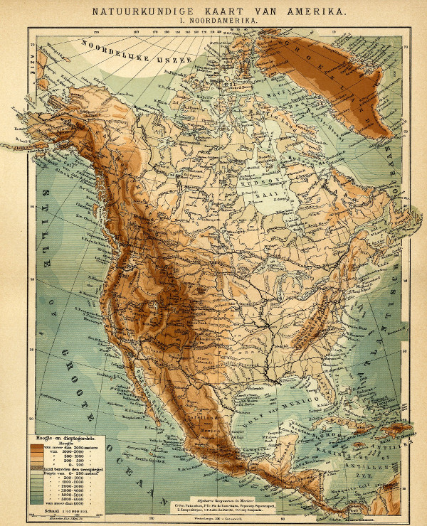 map Natuurkundige kaart van Amerika by Winkler Prins