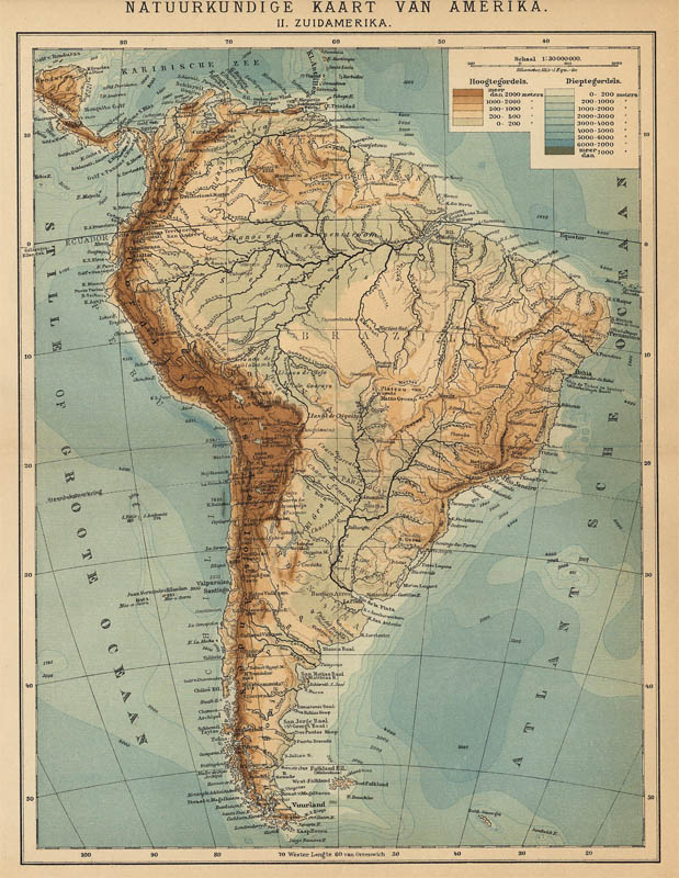Natuurkundige kaart van Amerika II Zuidamerika by Winkler Prins