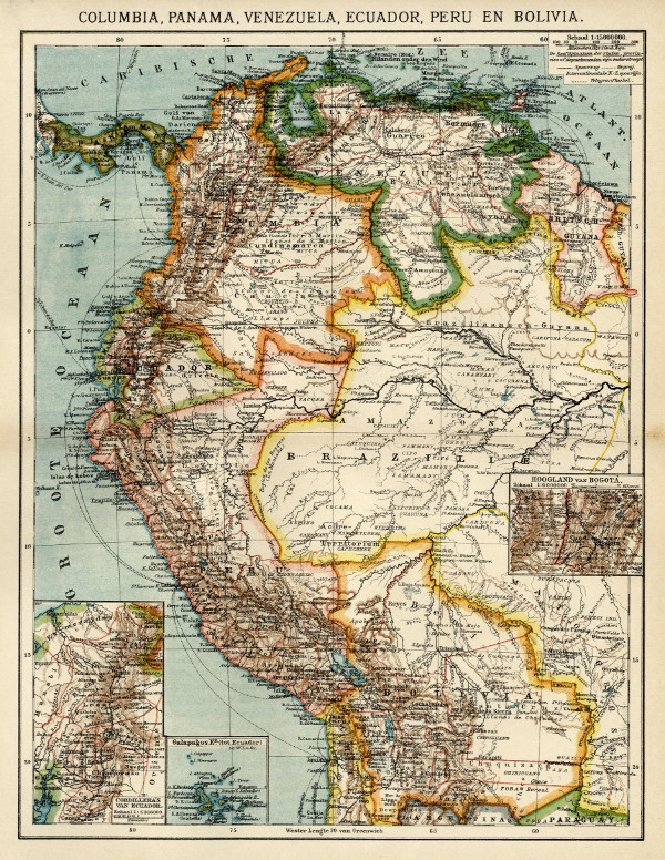 map Columbia, Panama, Venezuela, Ecuador, Peru en Bolivia by Winkler Prins