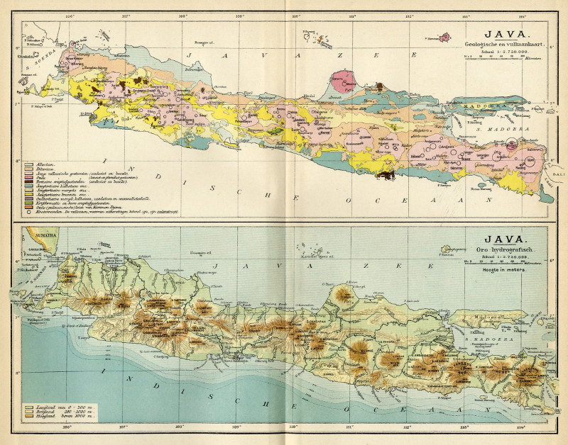 Java Oro-hydrografisch en Geologische en Vulkaankaart by Winkler Prins