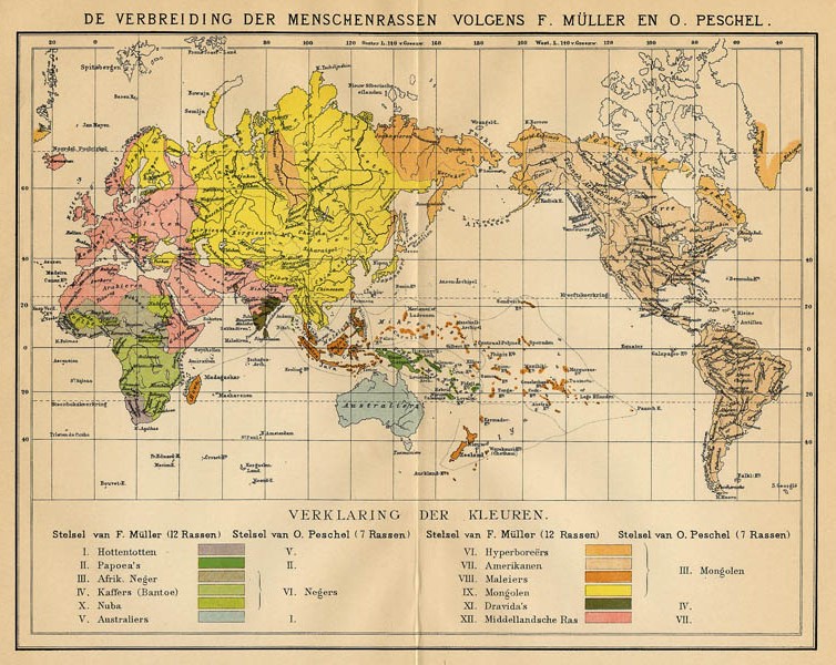 De verbreiding der Menschenrassen volgens F. Müller en O. Peschel by Winkler Prins