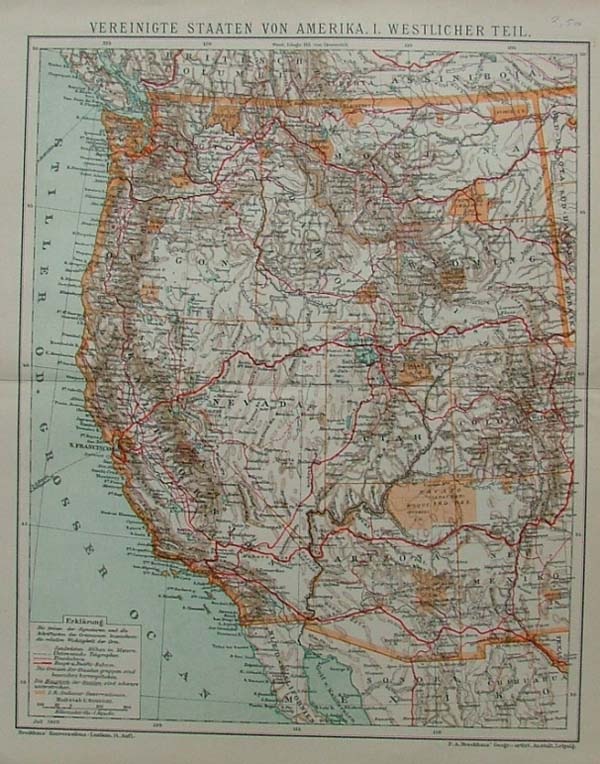 map Vereinigte Staaten von Amerika. I. Westlicher Teil by F.A. Brockhaus