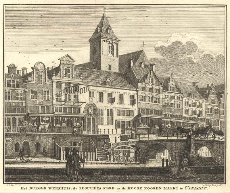 Het Burger Weeshuis, de Reguliers Kerk en de Hooge Kooren markt te Utrecht by Caspar Jacobs Philips, naar Jan de Beijer