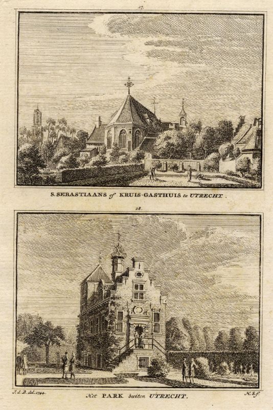 view S.Sebastiaans of Kruis-gasthuis te Utrecht, Het Park buiten Utrecht. by Hendrik Spilman, naar Jan de Beyer