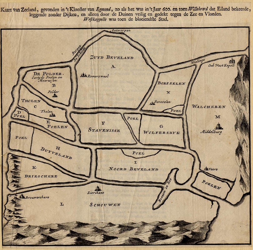Kaart van Zeeland, gevonden in ´t klooster van Egmond, zo als het was in ´t jaar 600... by Samuel Luchtmans en Zoon
