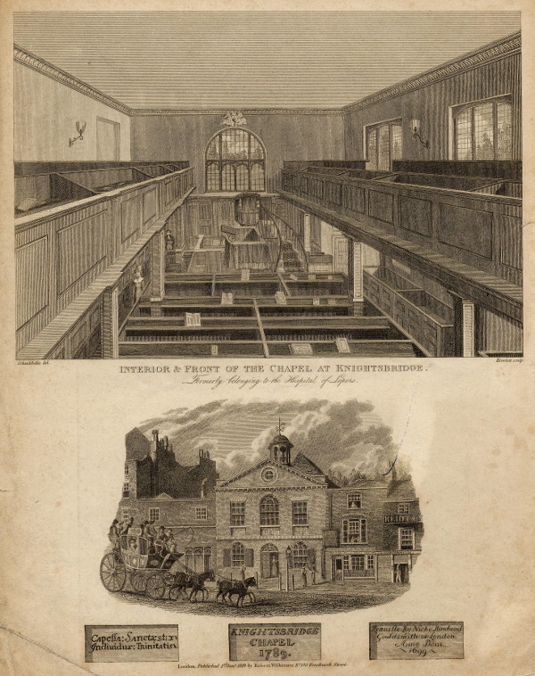 view Interior & front of the chapel at Knightsbridge by B. Howlett, naar J. Schnebbelie