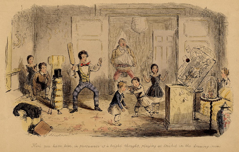 Here you have him, in pursuance of a bright thought, playing at Cricket in the drawing-room by John Leech