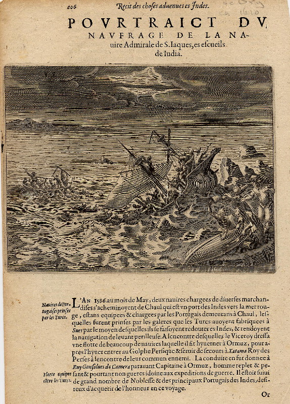 print Pourtraict du naufrage de la nauire Admirale de S.Jaques, es escuils de India by Theodor de Bry