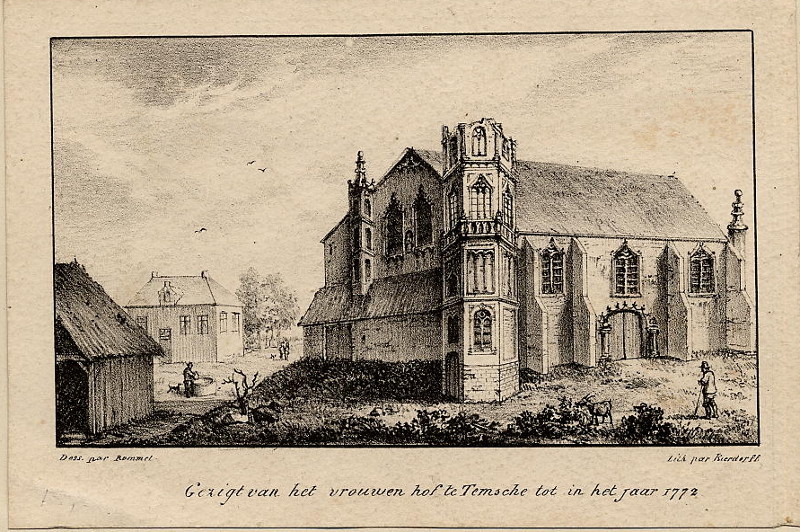 Gezigt van het vrouwenhof te Temsche tot in het jaar 1772 by F. Kierdorff, naar Rommel