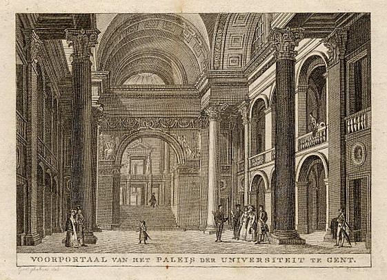 view Voorportaal van het paleis der universiteit te Gent by Velijn, naar P.J. Goetghebuer