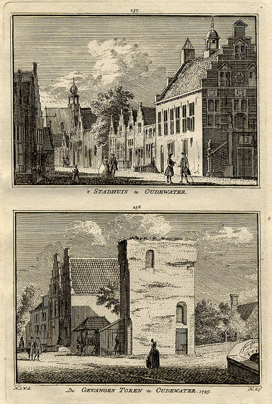 view ´t Stadhuis te Oudewater, de Gevangen Toren te Oudewater 1745 by H. Spilman naar H. de Wit