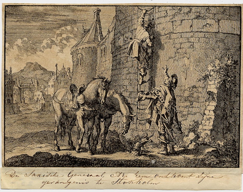 De Keur-Saksische luitenant-generaal Hans Georg von Arnim ontsnapt met een touwladder uit de gevange by Jan Luyken
