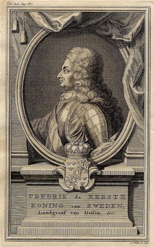 print Fredrik de Eerste, Koning van Zweden, Landgraaf van Hessen etc.  by J.C. Philips