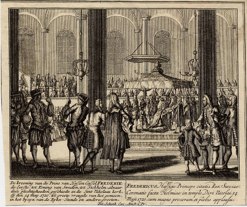 De krooning van de Prins van Hessen Cassel Frederik de Eerste by Petrus Schenk